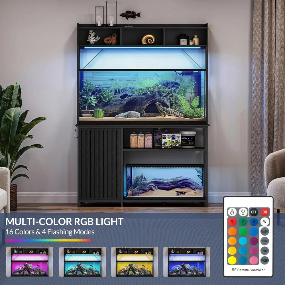 Aquarium Stand with LED Lights for 55 to 90 Gallon Fish Tanks Heavy Duty Metal Fluted Storage Outlets 1200 Pounds Capacity