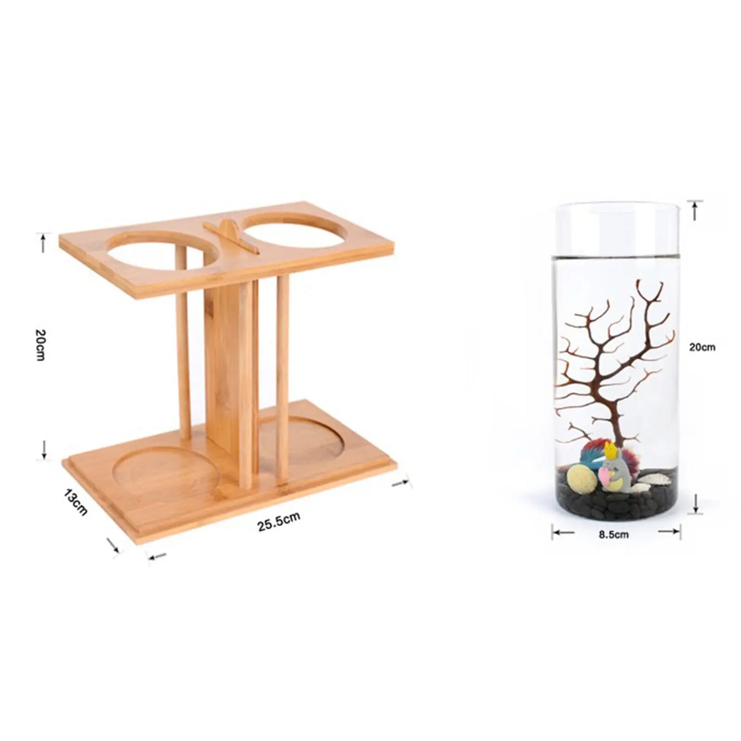 Glass Betta Fish Tank with Bamboo Base Mini Aquarium for Desktop