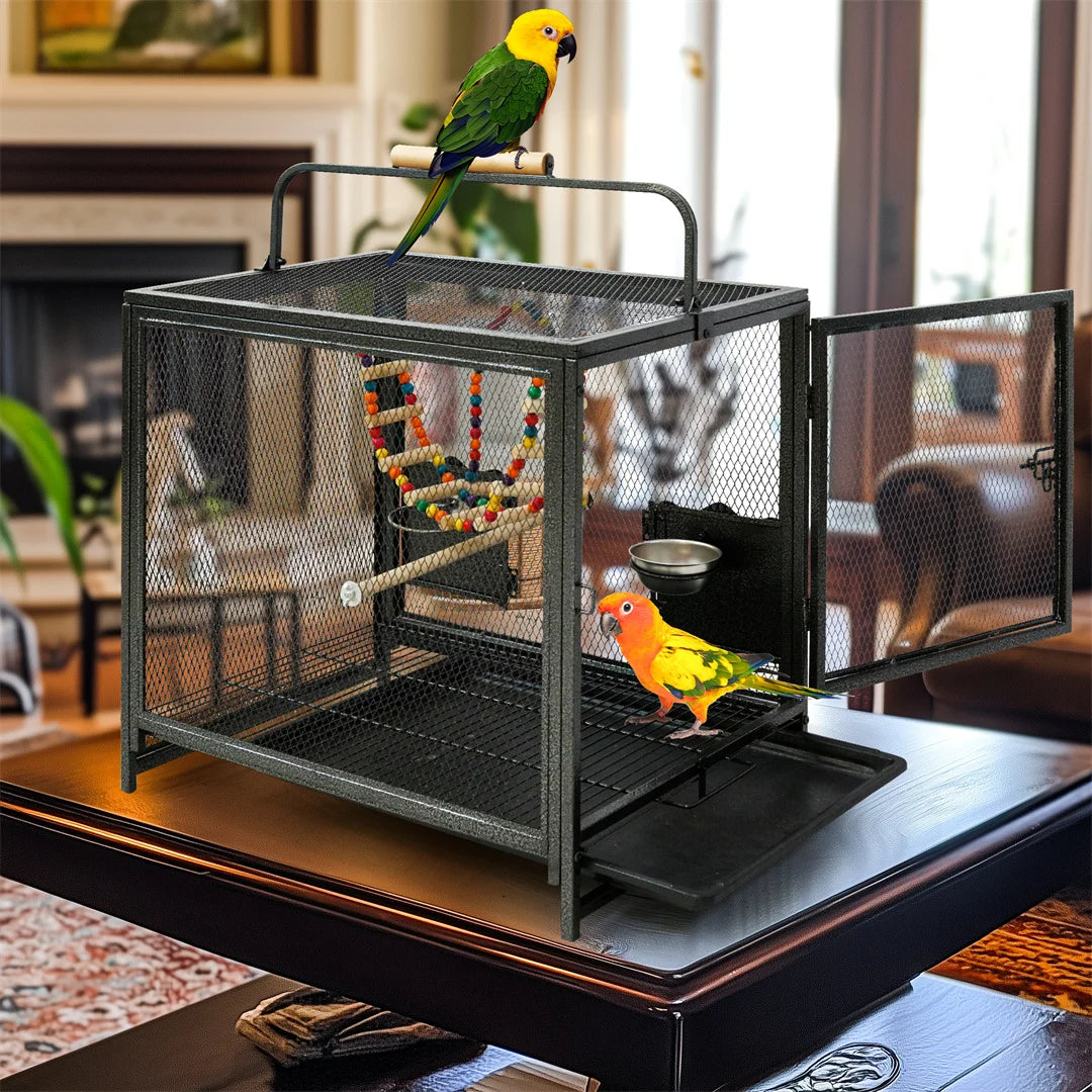 Portable Bird Cage Travel Carrier Playpen with Hammock Toy Removable Tray