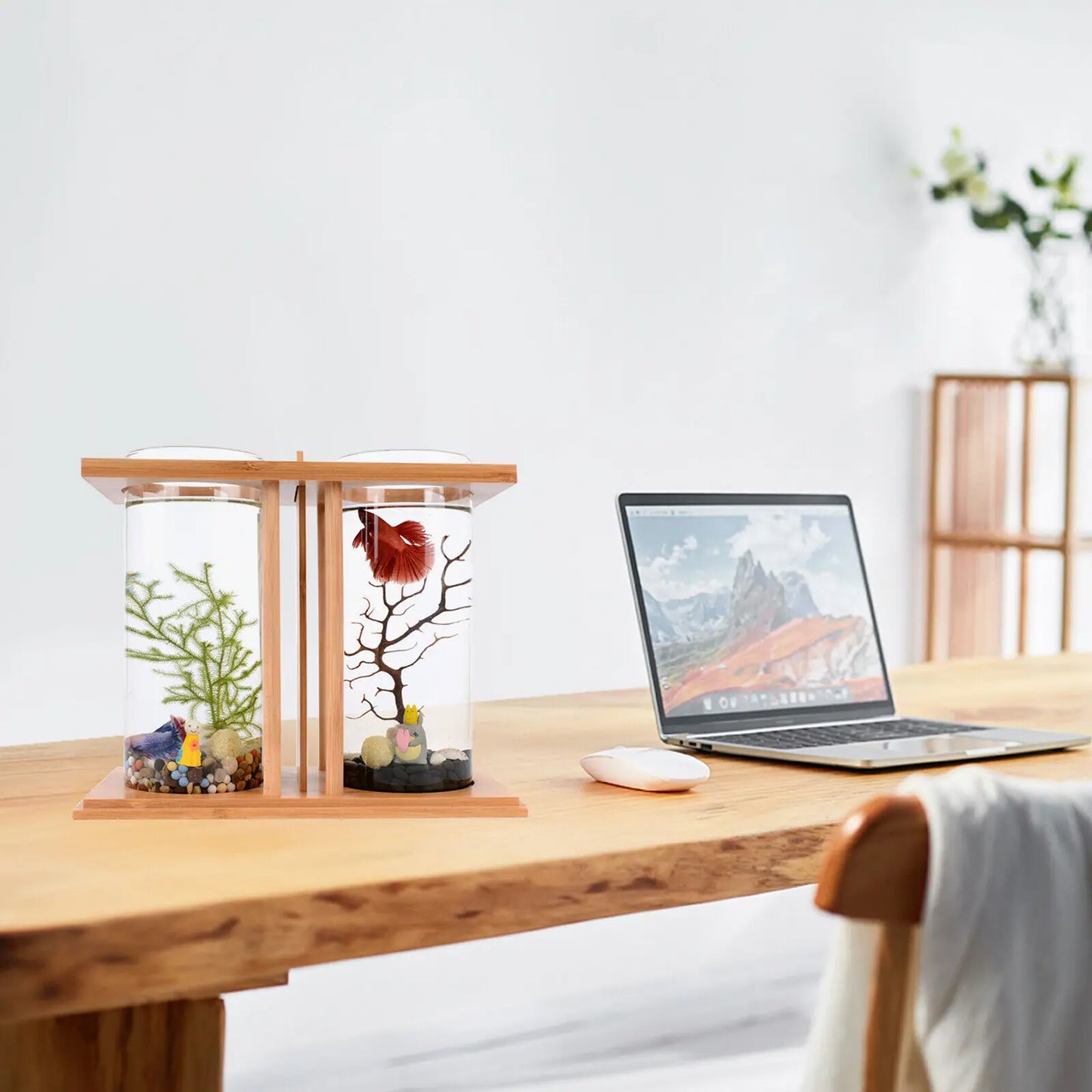 Glass Betta Fish Tank with Bamboo Base Mini Aquarium for Desktop