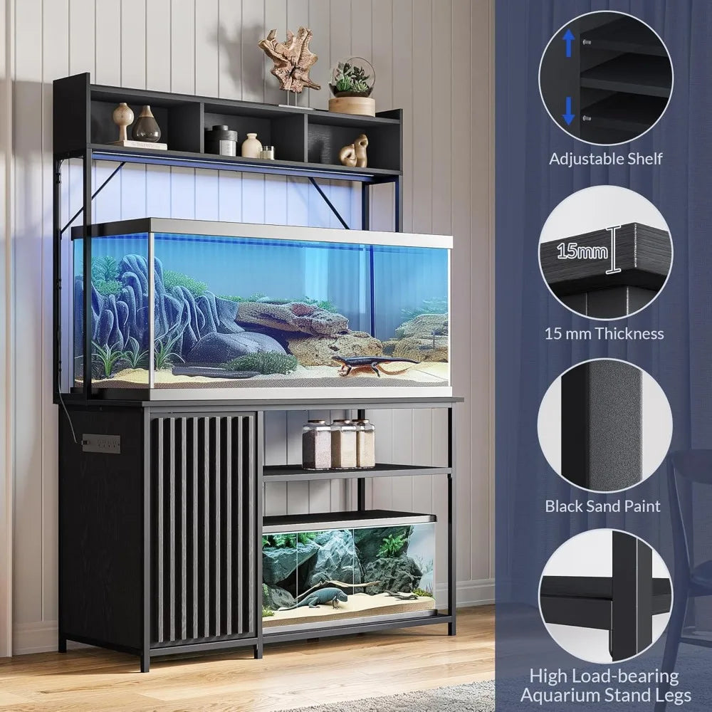 Aquarium Stand with LED Lights for 55 to 90 Gallon Fish Tanks Heavy Duty Metal Fluted Storage Outlets 1200 Pounds Capacity
