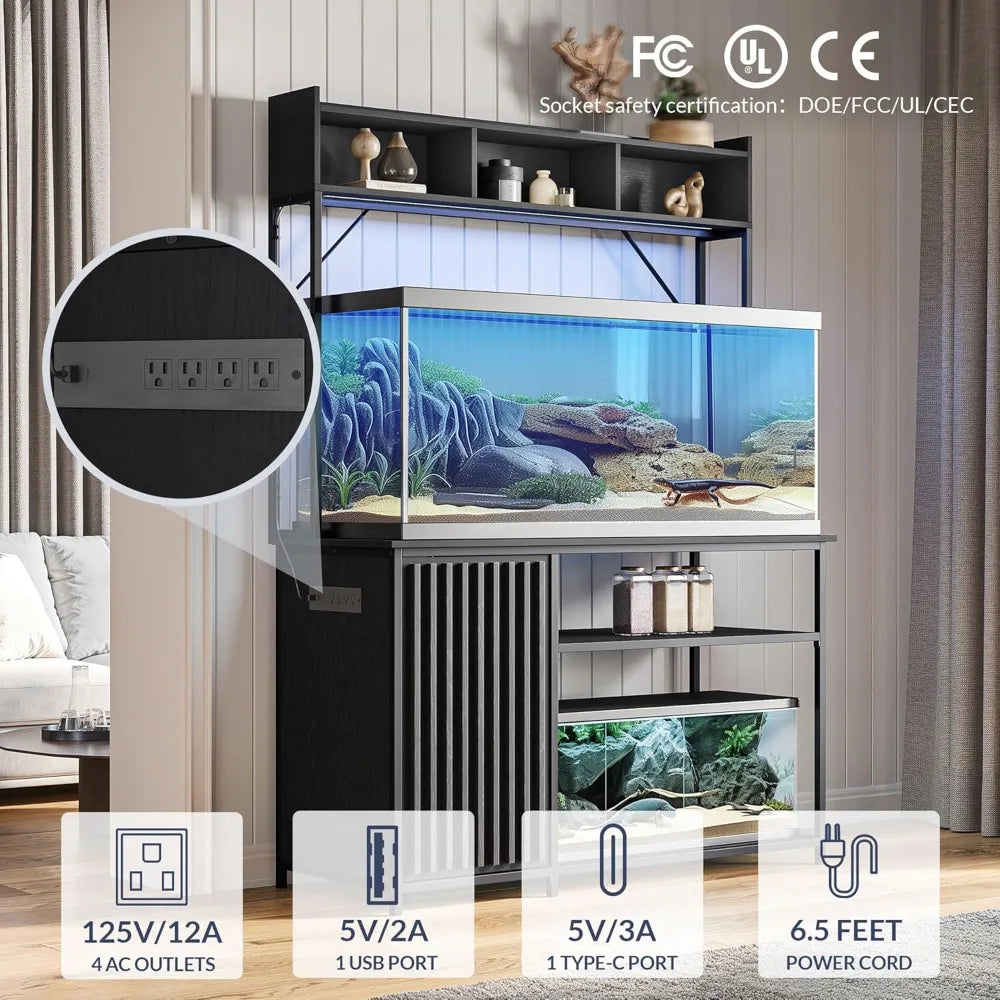 Aquarium Stand with LED Lights for 55 to 90 Gallon Fish Tanks Heavy Duty Metal Fluted Storage Outlets 1200 Pounds Capacity