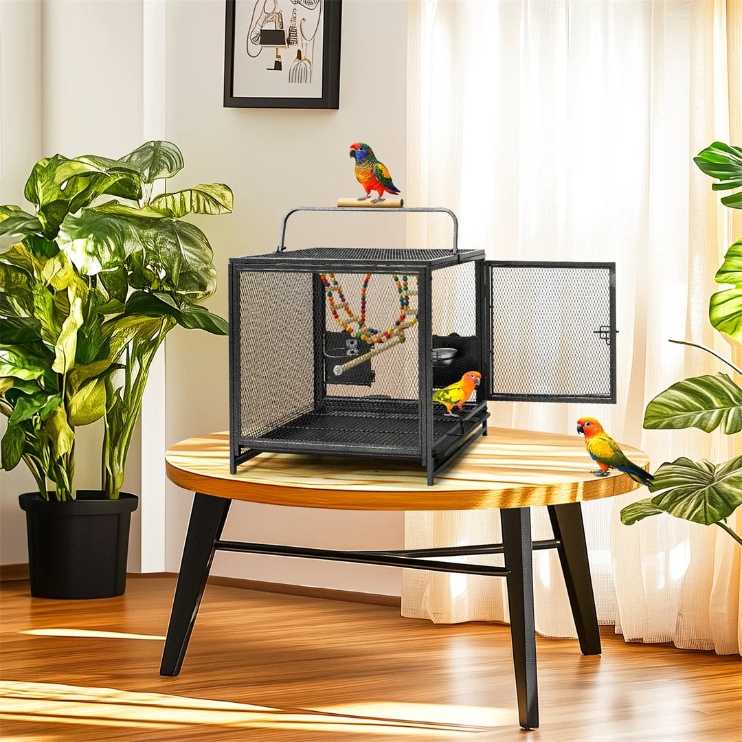 Portable Bird Cage Travel Carrier Playpen with Hammock Toy Removable Tray