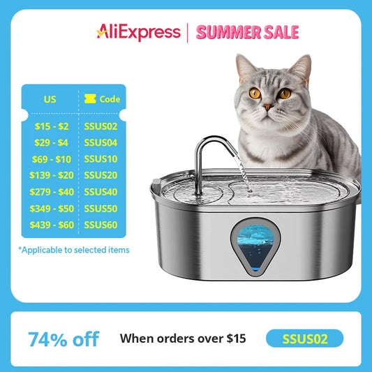 3.5L Large Capacity Pet Water Dispenser Automatic Stainless Steel Cat Water Fountain with LED Lighting