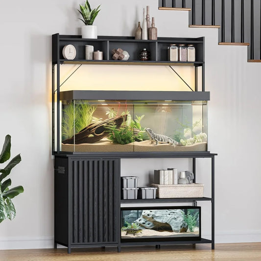 Aquarium Stand with LED Lights for 55 to 90 Gallon Fish Tanks Heavy Duty Metal Fluted Storage Outlets 1200 Pounds Capacity