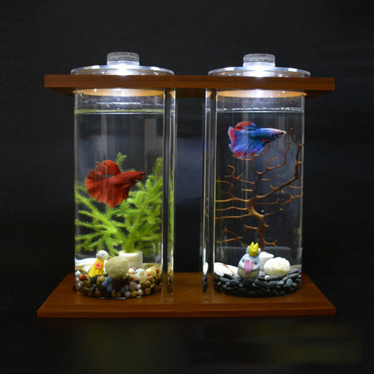 Glass Betta Fish Tank with Bamboo Base Mini Aquarium for Desktop