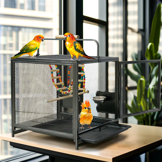 Portable Bird Cage Travel Carrier Playpen with Hammock Toy Removable Tray